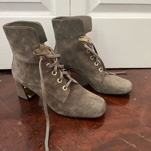 Marion Parke taupe square toe suede heeled boots with gold details